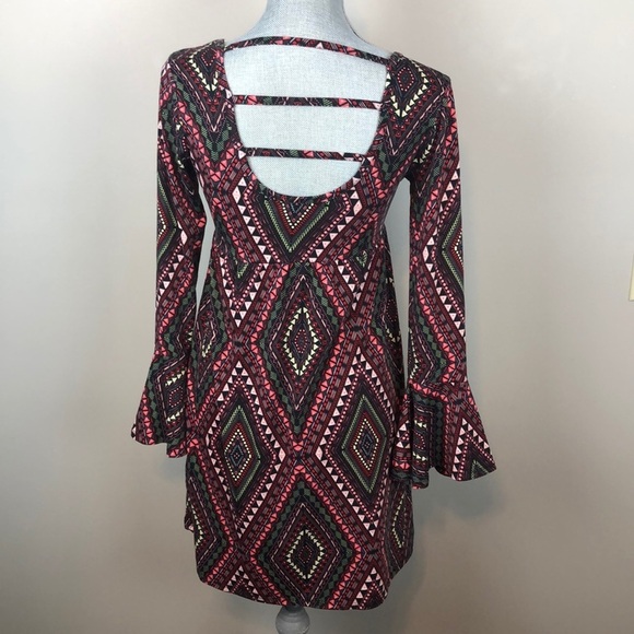 Bongo Retro Print Bell Sleeve Dress w Strap Back Size Small - Picture 8 of 11